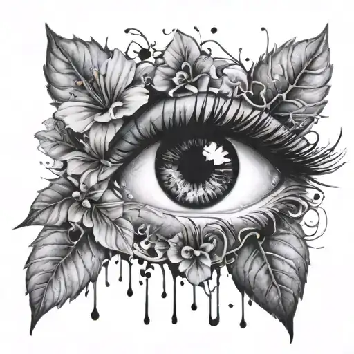 a hyper-realistic human eye with intricate lashes, surrounded by hibiscus flowers and leaves, detailed ink splatter patt tattoo design idea