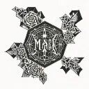 in a hexagaon, put the name "MACK", 26 September 2024, and roman numeral IV tattoo design idea