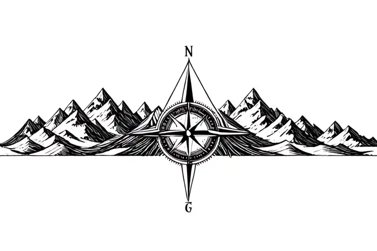 large compass surrounded by intricate geometric mountains and waves, black and white, add triangle frame tattoo design idea