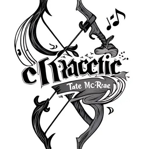 bow and arrow with music notes spiriling around it with the word chaotic on it by the song artist Tate McRae tattoo design idea