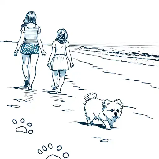 Pomeranian dog with teenage girl walking on a beach with paw prints and footprints leaning a trail behind them tattoo design idea