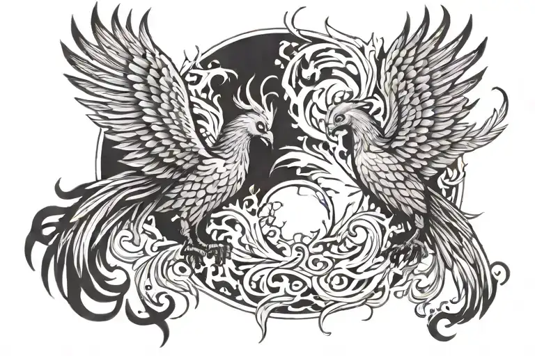 Two phoenixes look at the fireball tattoo design idea
