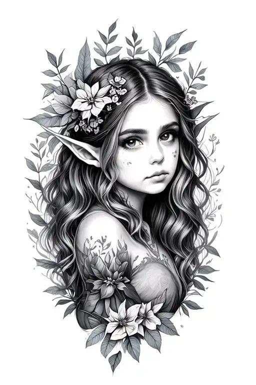 Femboy, elf girl, nature inspired tattoo tattoo design idea