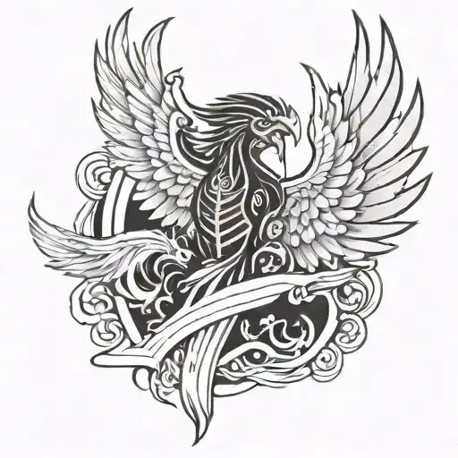 Create a Tattoo of a phoenix, angel wings and a Christian warrior, two spirit, Lenape designs and a gamer incon tattoo design idea