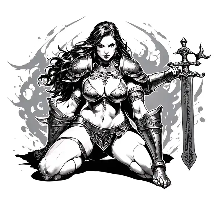 sexy female knight, big breasts, thick thighs, on knees, holding sword, Two arms, Two legs  tattoo design idea