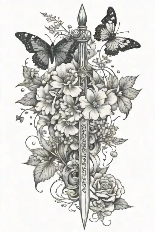 masculine capricorn sword, flowering vine, capricorn constellation, butterfly tattoo design idea