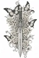 masculine capricorn sword, flowering vine, capricorn constellation, butterfly tattoo design idea