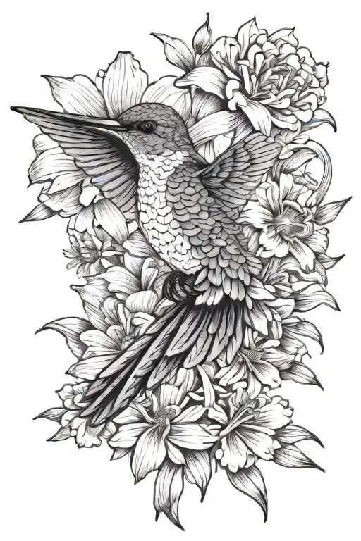 hummingbird drinking daisy and gladiolus flowers tattoo design idea