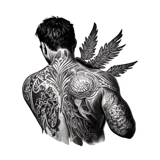 the tatoos of ruska roma on john wicks back  and with mixed with the content of a silent lethal and a quite serial kille tattoo design idea