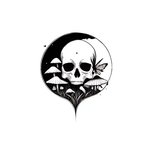  shadow fairy sitting on the eye socket of a skull surrounded by twisted mushrooms tattoo design idea