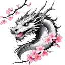 create a small light fine line tattoo with an eastern dragon with a detailed pink cherry blossoms tattoo design idea