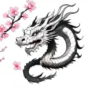 create a small light fine line tattoo with an eastern dragon with a detailed pink cherry blossoms tattoo design idea