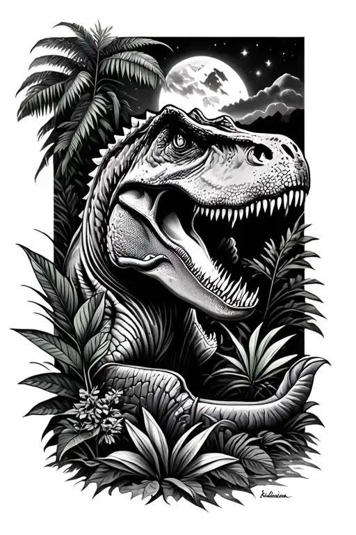 jurassic park style tattoo with some plants, a T-rex and the night sky tattoo design idea
