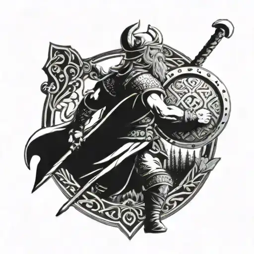 Viking on the battlefield, with an axe, a shield with runes, a dark forest in the background tattoo design idea