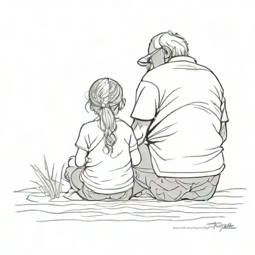 silhouette of a grandfather and his granddaughter from behind tattoo design idea
