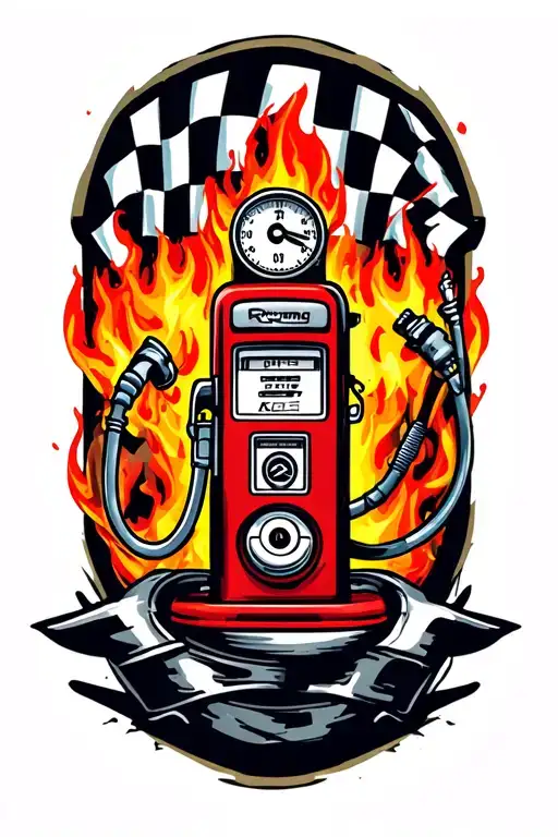 classic racing tattoo with flames and checker flag , gas pump , piston and spark plug tattoo design idea