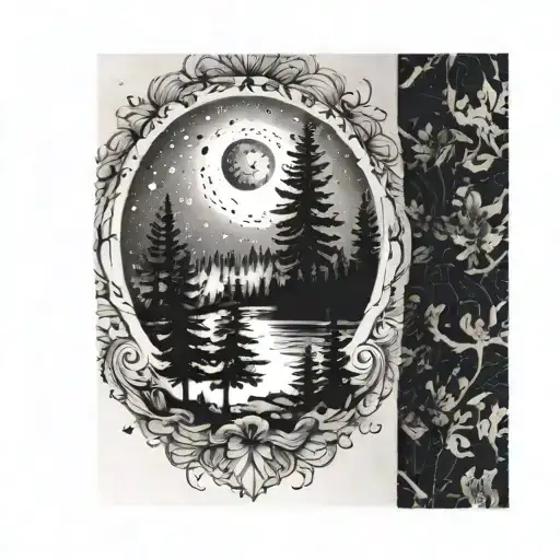 Circle with a landscape: 4 stars, a moon and pinetrees tattoo design idea