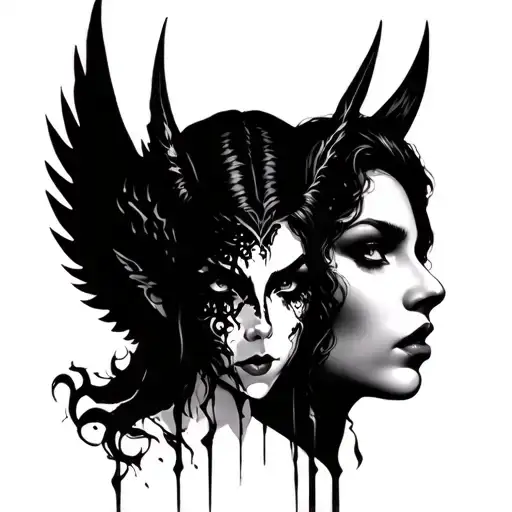 demonic and angelic mixed women face tattoo design idea