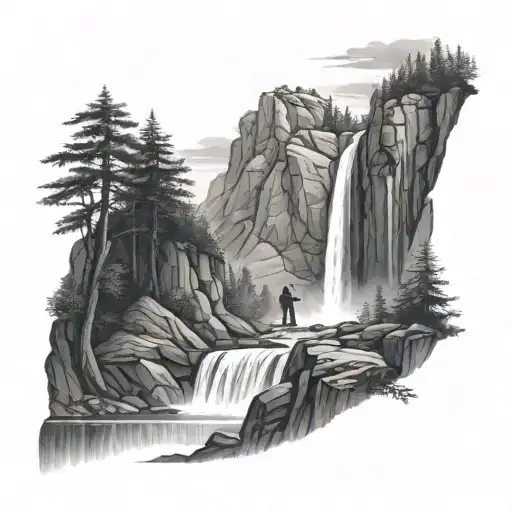 A serene waterfall cascading down a mountain, with a guardian watching over the peaceful scene tattoo design idea