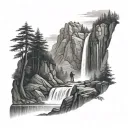 A serene waterfall cascading down a mountain, with a guardian watching over the peaceful scene tattoo design idea