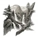 A serene waterfall cascading down a mountain, with a guardian watching over the peaceful scene tattoo design idea