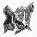 A serene waterfall cascading down a mountain, with a guardian watching over the peaceful scene tattoo design idea
