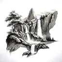 A serene waterfall cascading down a mountain, with a guardian watching over the peaceful scene tattoo design idea