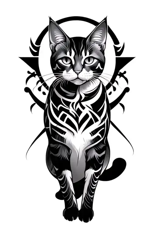 a black grey tattoo combining Irezumi and tribal. image of a cat looking fierce standing upright tattoo design idea