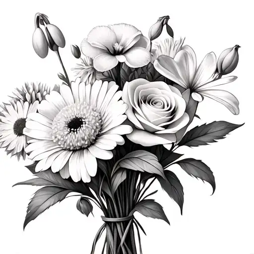 Flower bouquet, 1 snowdrop, 1 carnation, 1 daffodil, 1 daisy, 1 rose, 1 water lilly, 1 poppy, 1 gladiolus, 1 banksia, 1 tattoo design idea