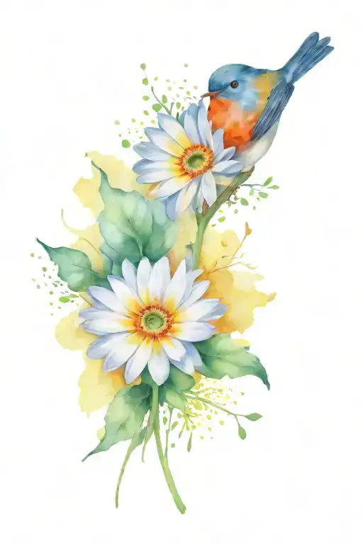 robin and yellow gerbera flower intertwined tattoo design idea