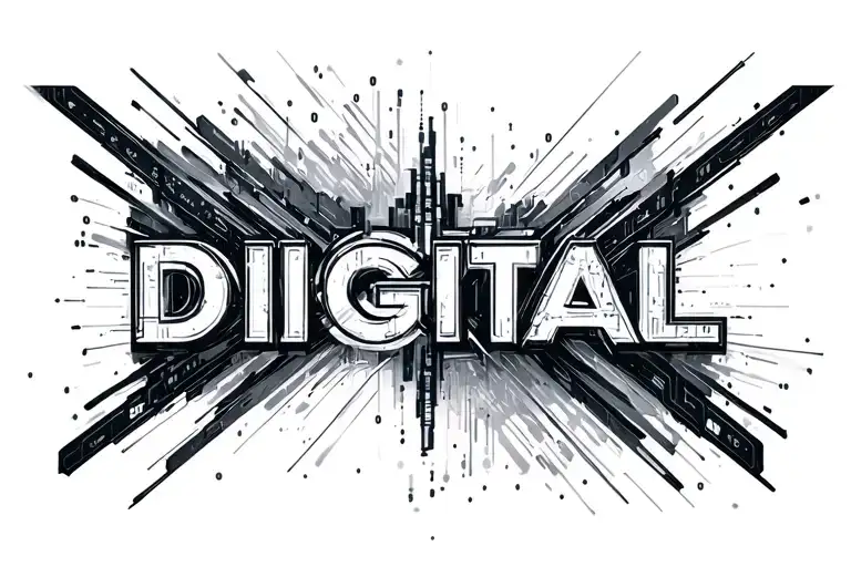DIGITAL written in futuristic cyberpunk style with random binary and hexadecimal values in background tattoo design idea