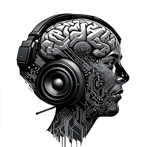 technology, circuit lines, brain, keyboard, human wearing headphones, audio speaker tattoo design idea