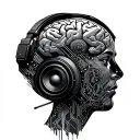 technology, circuit lines, brain, keyboard, human wearing headphones, audio speaker tattoo design idea
