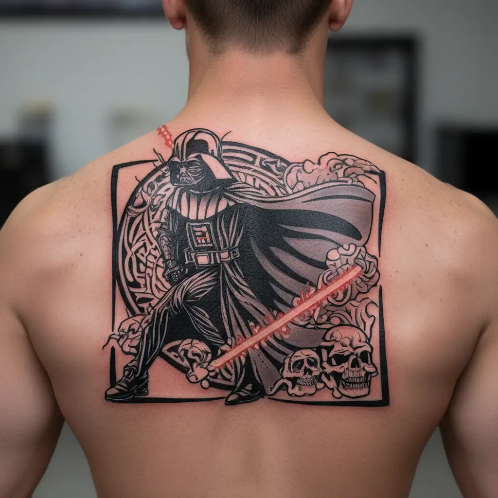 darth vader as the grim reaper holding a light saber. darth vader on fire. tattoo design idea