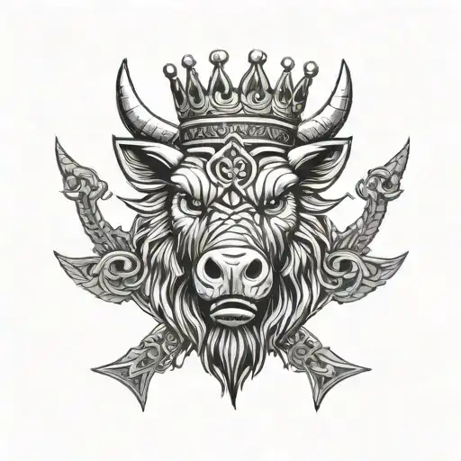 boar head wearing a crown with wings and sword and a celtic trinity knot background tattoo design idea
