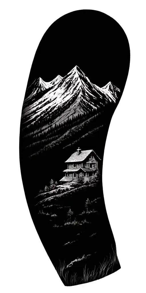 A detailed mountain landscape with a nestled cabin and a hidden hunting scene incorporated within the design tattoo design idea