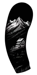 A detailed mountain landscape with a nestled cabin and a hidden hunting scene incorporated within the design tattoo design idea