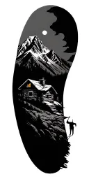 A detailed mountain landscape with a nestled cabin and a hidden hunting scene incorporated within the design tattoo design idea