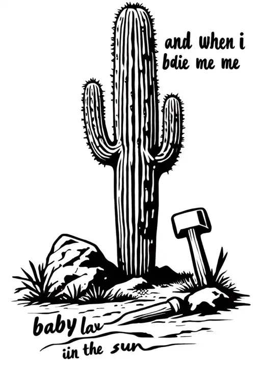 a saguaro cactus, a rock hammer, and the words "and when i die baby lay me in the sun" tattoo design idea