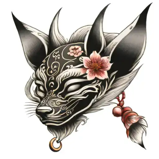 kitsune mask tattoo with sakura blossoms and petals and small round prayer bells tattoo design idea