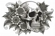 skull with mandala lotus flower, sunflowers and mushrooms tattoo design idea