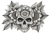 skull with mandala lotus flower, sunflowers and mushrooms tattoo design idea
