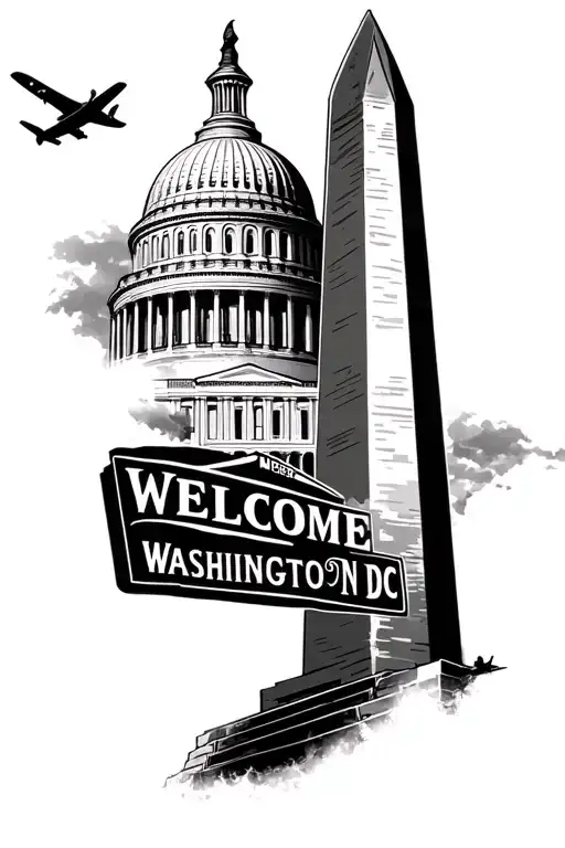 Washington monument, United states capitol, Welcome to washington dc sign, a plane flying over the buildings tattoo design idea
