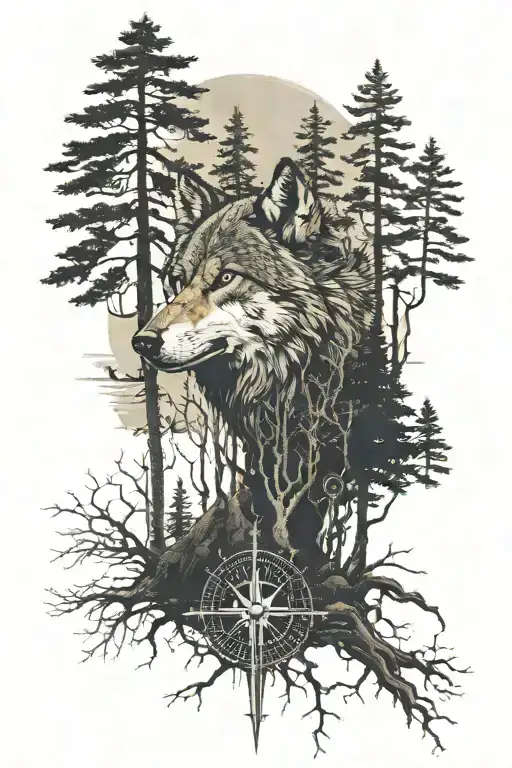 a tall pinefores landscape with a wolf head in the middle and roots at the bottom with a compass tattoo design idea