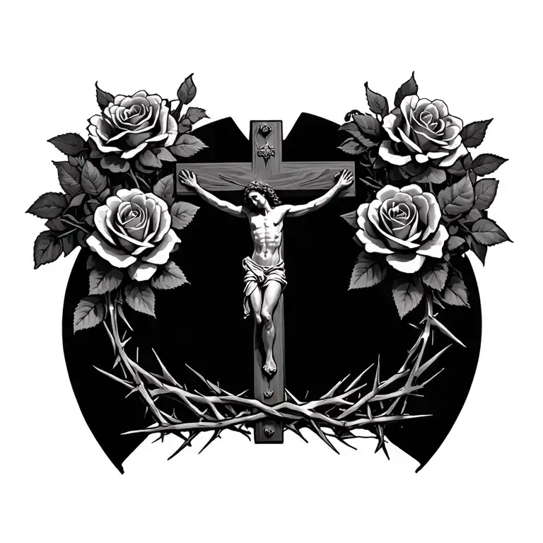 Crucifix with roses and the crown of thorns tattoo design idea