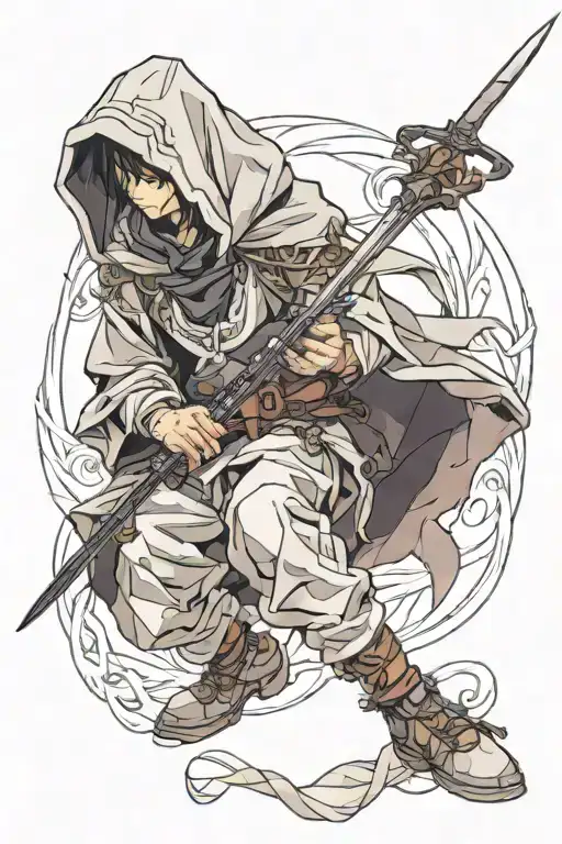 cloaked hoodied man with resting broadsword on shoulder long bow on back tattoo design idea