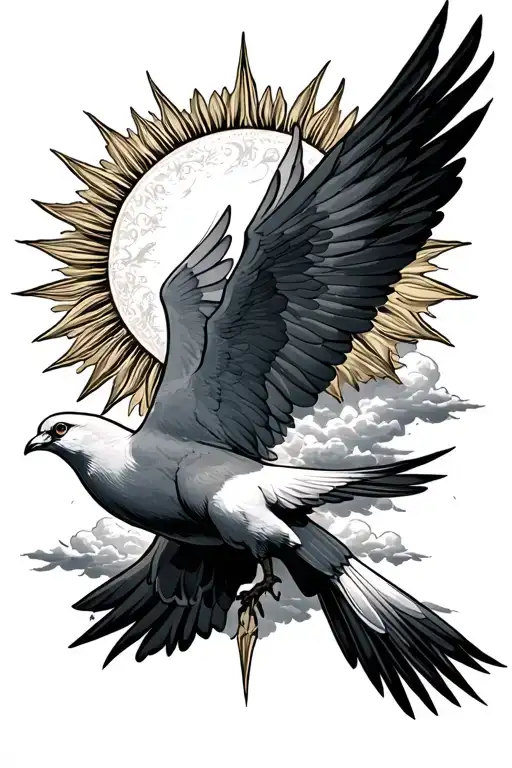 sun on my shoulder shining down on clouds. i want a dove flying off into the sun tattoo design idea