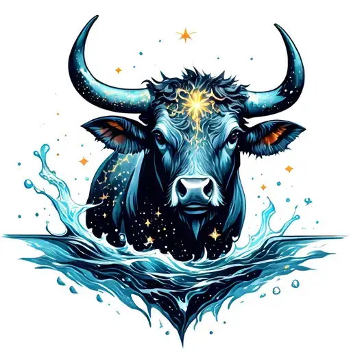 Powerful ox formed from glowing constellations, Aquarius water flowing from stars, cosmic blues and golds, tattoo illust tattoo design idea