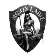 black and white spartin woman warrior sitting on a old battle shield inscribed with MOLON LABE tattoo design idea