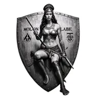 black and white spartin woman warrior sitting on a old battle shield inscribed with MOLON LABE tattoo design idea